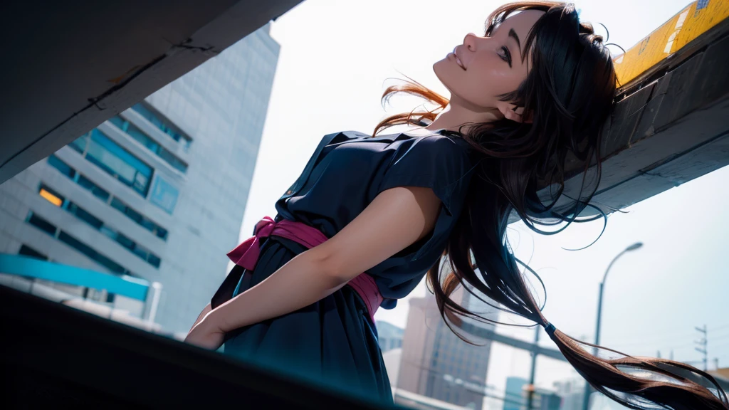 Ultra-high resolution, high resolution, ((premium、8k、32K、masterpiece)), Very detailed, (Low angle full body shot 1.2,) volumetric lighting, Cinematic, (((Colorful))), A dark-haired beauty, Japanese women, 20-year-old, Small face, , (photorealistic), (realistic),(A smile devoid of emotion), Demure dress, (Minimal exposure:2.0), silky hair, woman seen from behind, In the act of turning, looking up, An empty major roadway