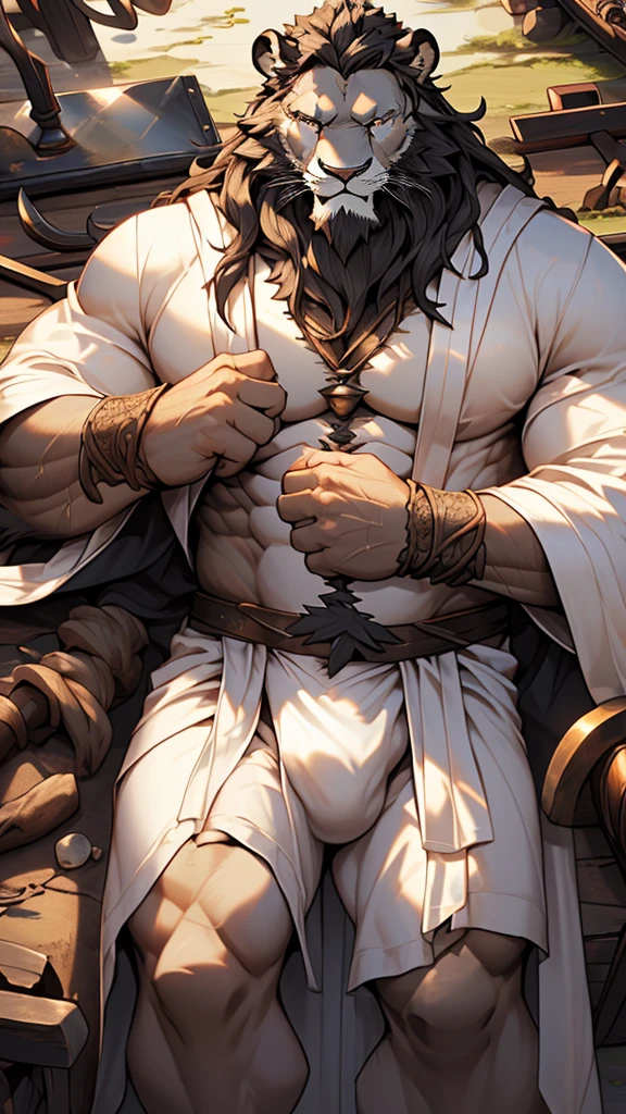 (masterpiece),(highres),(intricate details:1.4),extremely detailed,(illustration:1.2),8k,photorealistic,exquisite,aged,elder male lion ,muscular,(blacksmith :1.7),(Ancient Greek mythological style;1.8),(loose white robe:1.6),manhood,long hair,long white beard,scar,(badly damaged),(sacrifice),hurt,broken body ,(bulging crotch:1.8),(homosexual),(naked upper body:1.7),(a serene face:1.9)