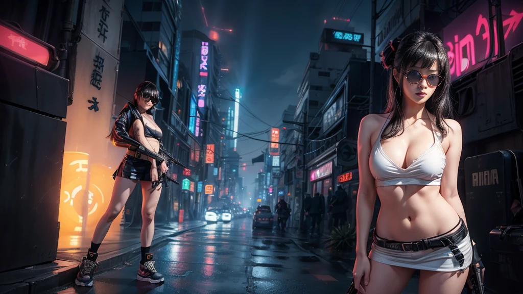 8k, Realistic Skin Texture, Realistic Photo, Neo Tokyo, slim Japanese women, large-breast:1.3 cleavage:1.2, AD2050 at night, Dirty hunting jacket, Wearing tube top, miniskirt, (((black sunglasses, automatic rifle, sneakers, cold, shooting pose, low angle view))), Innovative composition, revenge, cyberpunk, blade runner worldview, Large neon sign, Geisha hologram sign, Strong Wakamoto Sign.