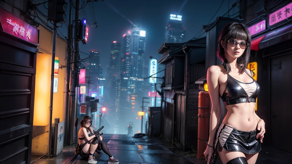 8k, Realistic Skin Texture, Realistic Photo, Neo Tokyo, slim Japanese women, large-breast:1.3 cleavage:1.2, AD2050 at night, Dirty hunting jacket, Wearing tube top, miniskirt, (((black sunglasses, automatic rifle, sneakers, cold, shooting pose, low angle view))), Innovative composition, revenge, cyberpunk, blade runner worldview, Large neon sign, Geisha hologram sign, Strong Wakamoto Sign.