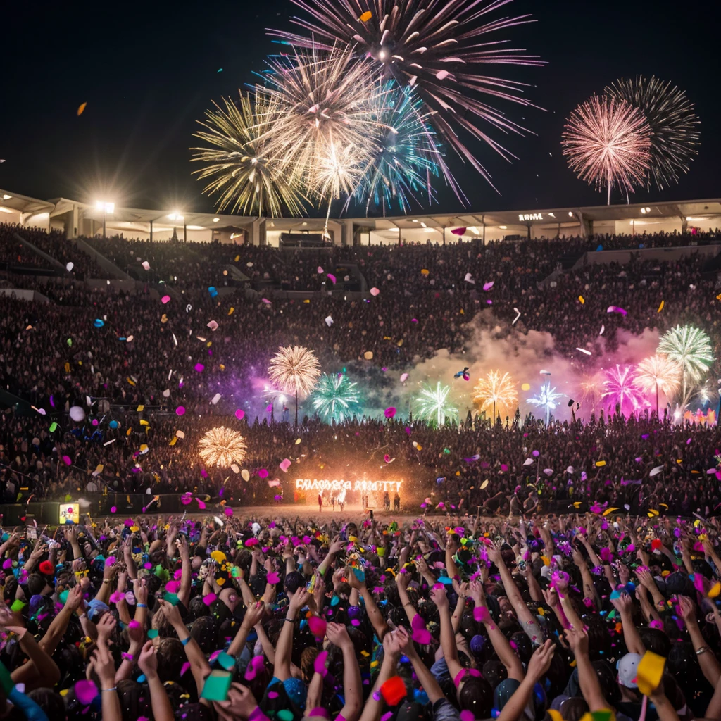 multiple people, ((confetti)), colorful, best quality, high resolution, colorful, vibrant, dynamic, festive atmosphere, joyful, happy people, smiling faces, energetic, bursting with excitement, lively music, dancing, cheerful crowd, party hats, sparkling lights, fireworks, balloons, streamers, glitter, confetti raining down, ecstatic expressions, brilliant colors, vivid hues, bokeh effect, electrifying energy, captivating moments, stunning visuals, immersive experience, professional photography, artful composition