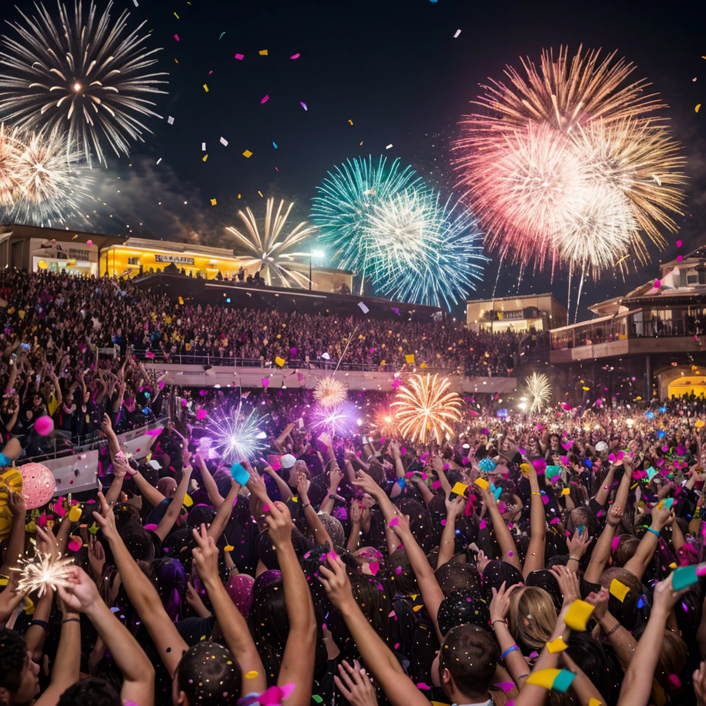 multiple people, ((confetti)), colorful, best quality, high resolution, colorful, vibrant, dynamic, festive atmosphere, joyful, happy people, smiling faces, energetic, bursting with excitement, lively music, dancing, cheerful crowd, party hats, sparkling lights, fireworks, balloons, streamers, glitter, confetti raining down, ecstatic expressions, brilliant colors, vivid hues, bokeh effect, electrifying energy, captivating moments, stunning visuals, immersive experience, professional photography, artful composition