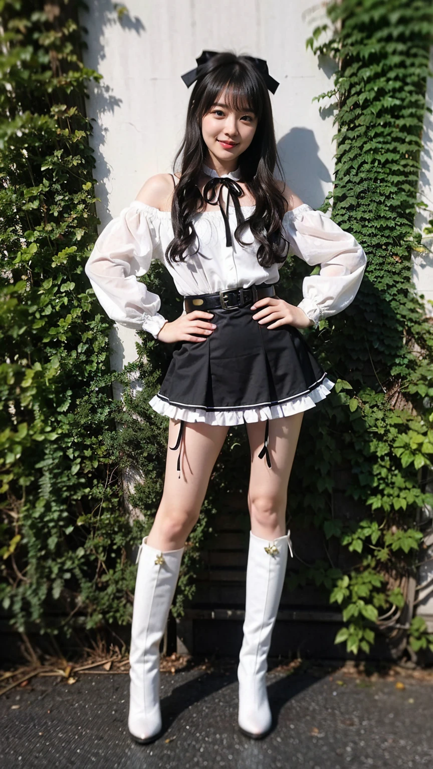 (8K、RAW Photos、Highest quality、masterpiece:1.2)、(Realistic、Realistic)、1 Girl、((mini skirt、Black and white、Thin legs、whole body、boots、Clothes with ribbons、Anime Costumes、Chest ribbon、Off the shoulder、See-through、Frills、garden、smile、View from the front、Ribbon on chest、Looking into the camera、belt、Stand with hands on hips))、