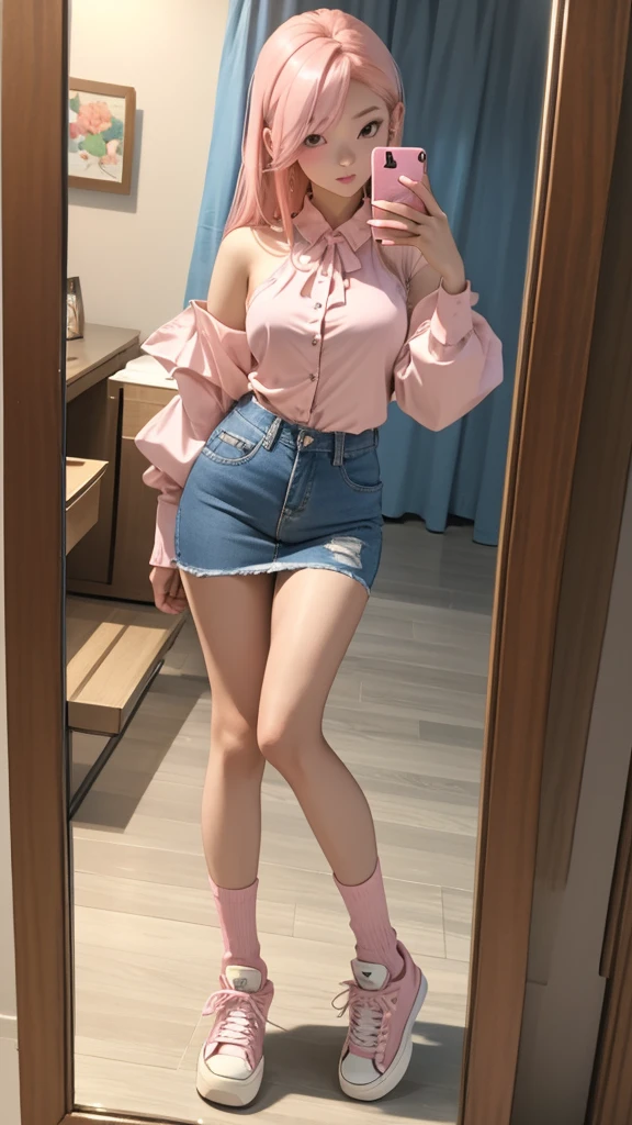 av idol. 25-years-old asian woman. slender with medium breast and curvasious. Long, light pink hair. She has brown eyes. wearing a red over the shoulder blouse and blue denim mini skirt with knee high socks and sneakers. Taking selfie in a mirror. sexy pose. Full body portrait.
