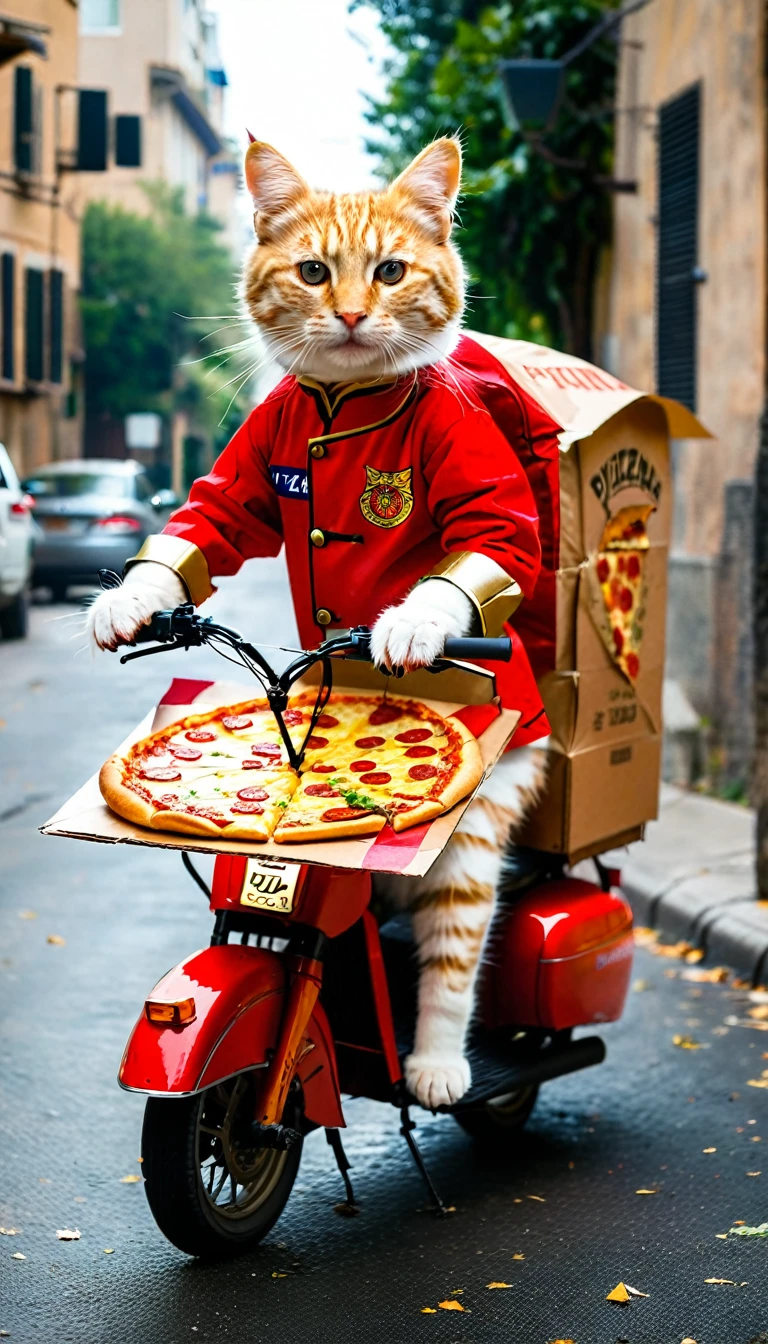 A cat wearing a PIZZA-LA uniform delivers pizza on a covered three-wheeled bike.