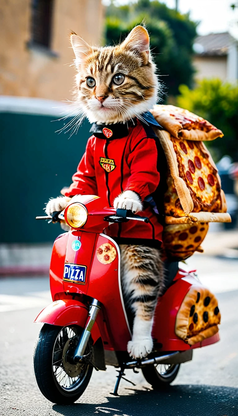 A cat wearing a PIZZA-LA uniform delivers pizza on a covered three-wheeled bike.