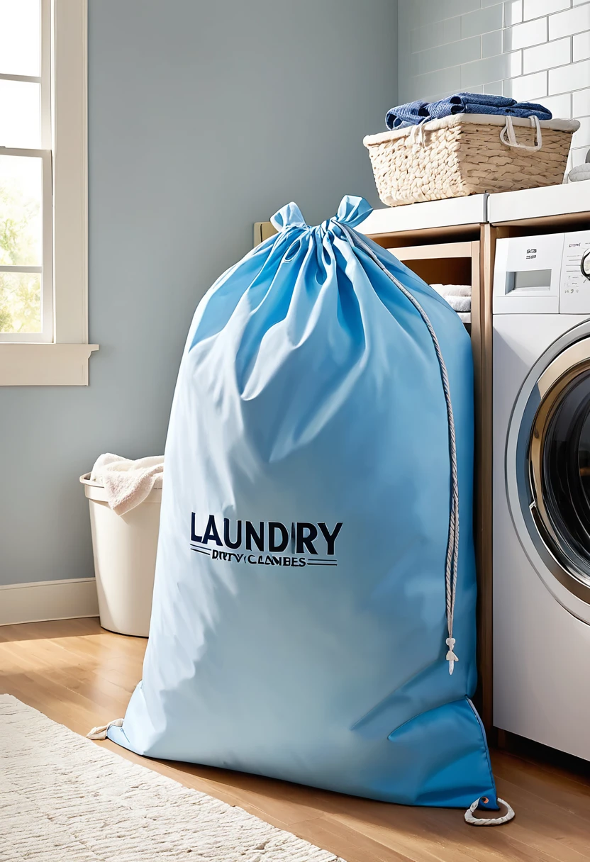 1 oversized blue polyester dirty clothes bag in the laundry room,Drawstring,