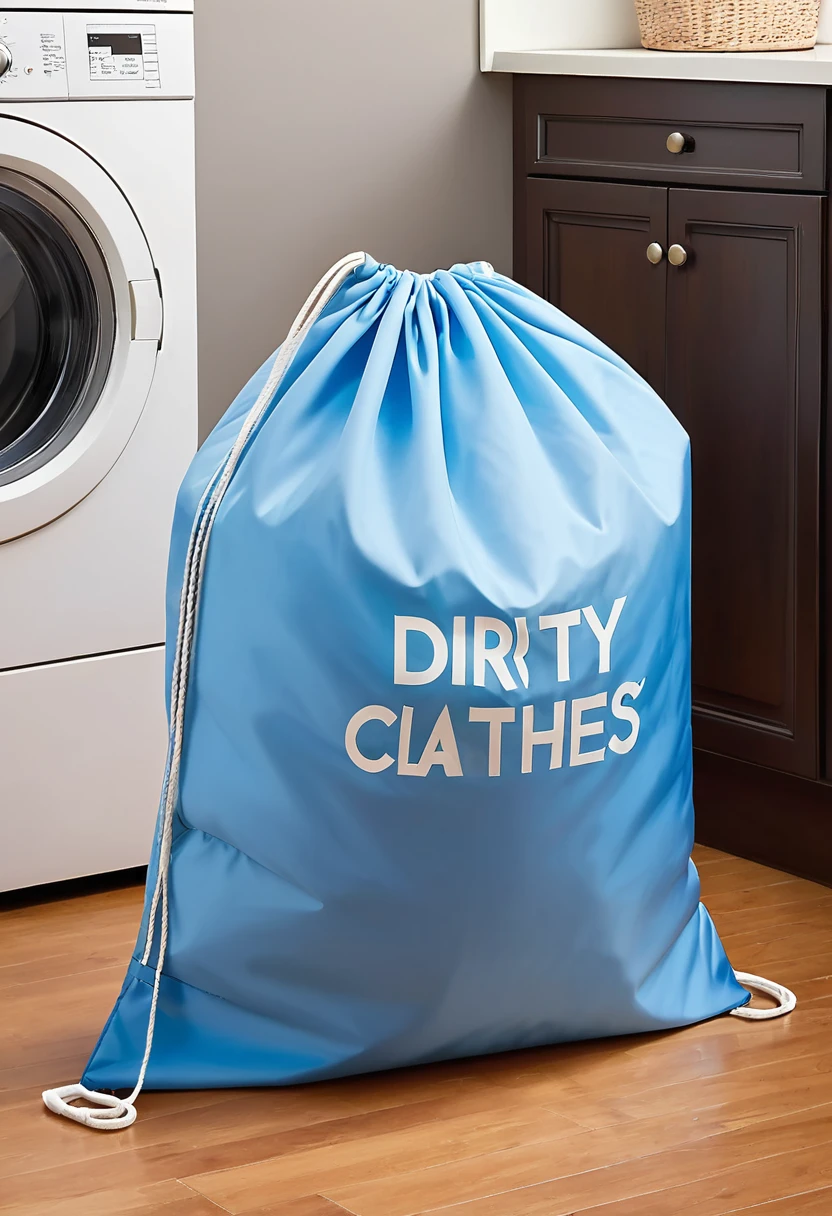 1 oversized blue polyester dirty clothes bag in the laundry room,Drawstring,