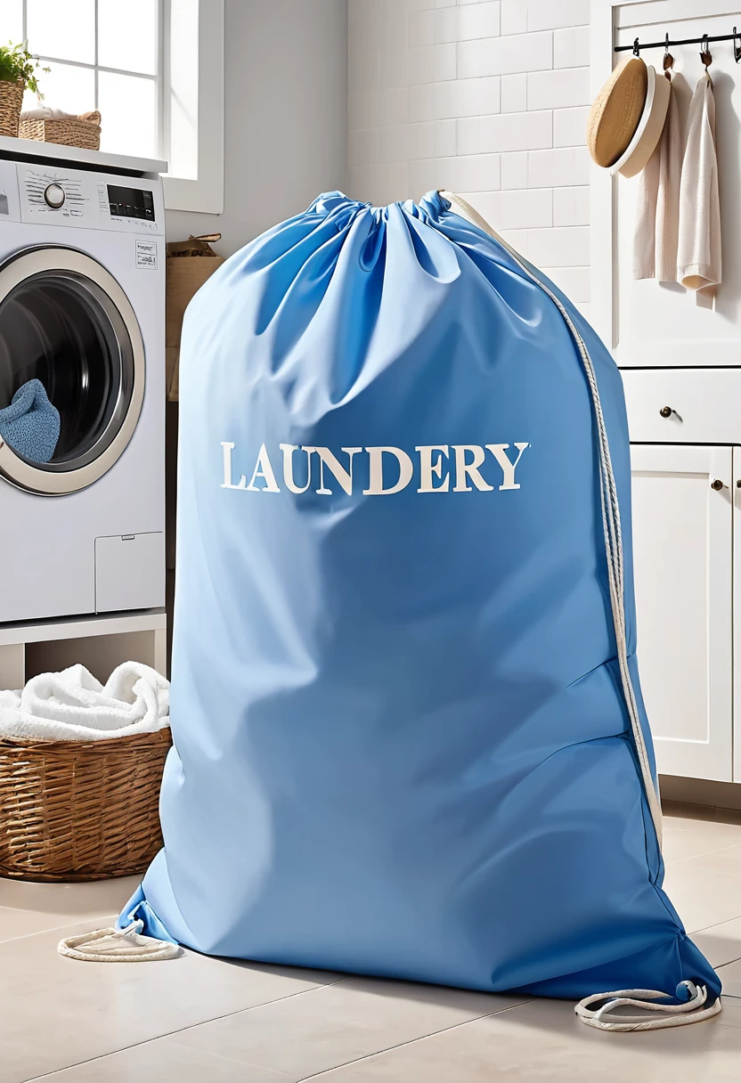 1 oversized blue polyester dirty clothes bag in the laundry room，Drawstring，