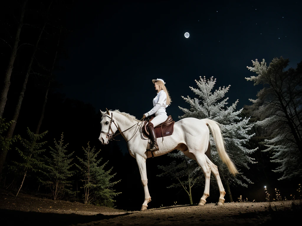A white horse with a headless rider stands on the edge of a forest on a moonlit night.
