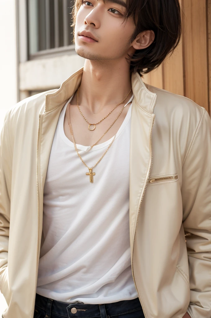 white shirt, Gold necklace, rider jacket, male