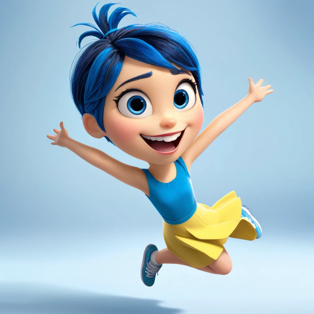 Joy (a character in the movie "Inside Out" with short blue hair and yellow dress) is excited, jumping around, throwing review outlines and papers with a bright smile, symbolizing the feeling of "liberation" from academic pressures. , exam review after the graduation exam, graidient blue background, paper flying everywhere, design, happy, bright, in her room, scenetic, wide, full body
