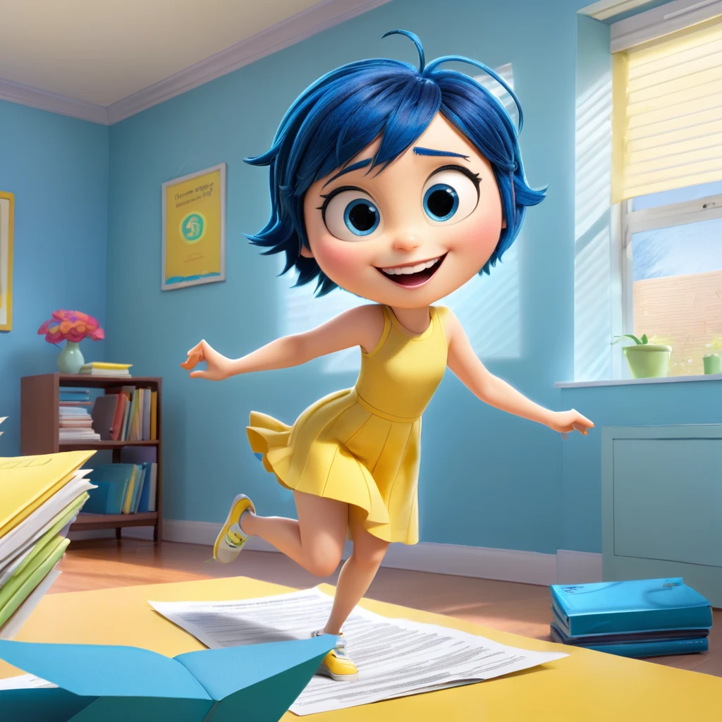 Joy (a character in the movie "Inside Out" with short blue hair and yellow dress) is excited, jumping around, throwing review outlines and papers with a bright smile, symbolizing the feeling of "liberation" from academic pressures. , exam review after the graduation exam, graidient blue background, paper flying everywhere, design, happy, bright, in her room, scenetic, wide, full body