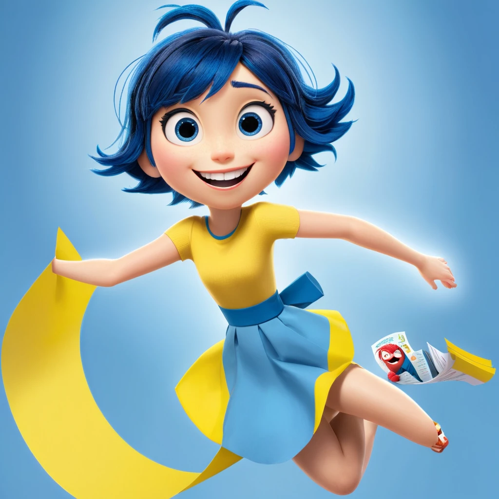 Joy (a character in the movie "Inside Out" with short blue hair and yellow dress) is excited, jumping around, throwing review outlines and papers with a bright smile, symbolizing the feeling of "liberation" from academic pressures. , exam review after the graduation exam, graidient blue background, paper flying everywhere, design, happy, bright, in her room, scenetic, wide, full body