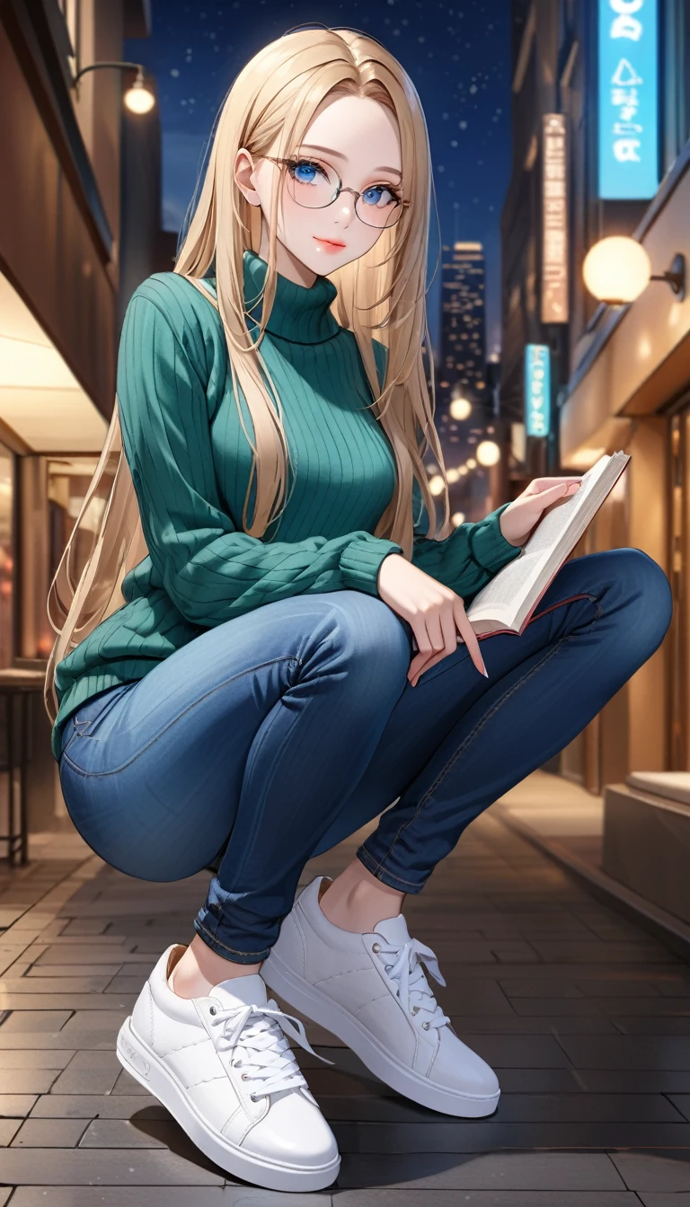 ((best quality, masterpiece:1.3, 8K)), (detailed), highly detailed face and skin texture, detailed eyes, (seductive pose:1.1), downtown, night time, full body, (slender body:1.1), 1girl, 25 years old, white skin, blue eyes, reading glasses, bright lips, seductive smile, blonde hair, straight hair, long hair, (forehead:1.0), green sweater, jeans pants, skinny jeans, blue jeans, white sneakers,