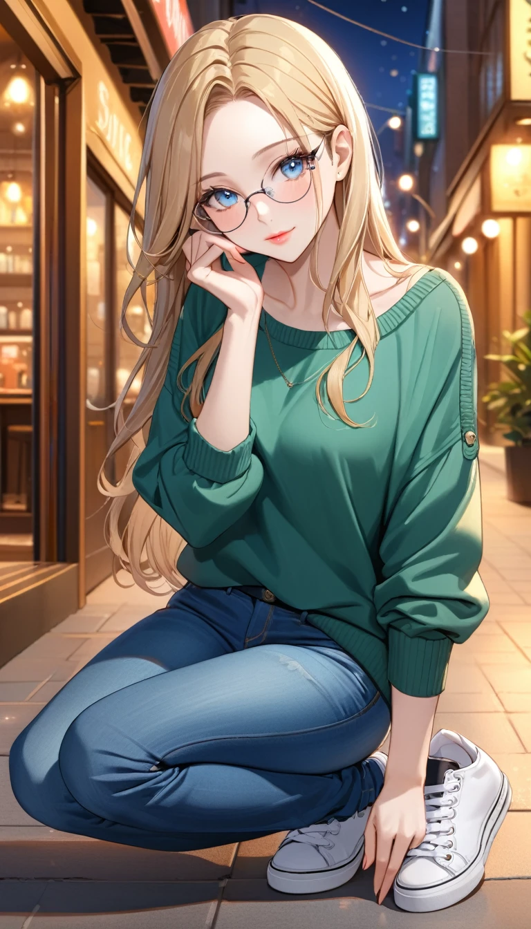 ((best quality, masterpiece:1.3, 8K)), (detailed), highly detailed face and skin texture, detailed eyes, (seductive pose:1.1), downtown, night time, full body, (slender body:1.1), 1girl, 25 years old, white skin, blue eyes, reading glasses, bright lips, seductive smile, blonde hair, straight hair, long hair, (forehead:1.0), green sweater, jeans pants, skinny jeans, blue jeans, white sneakers,