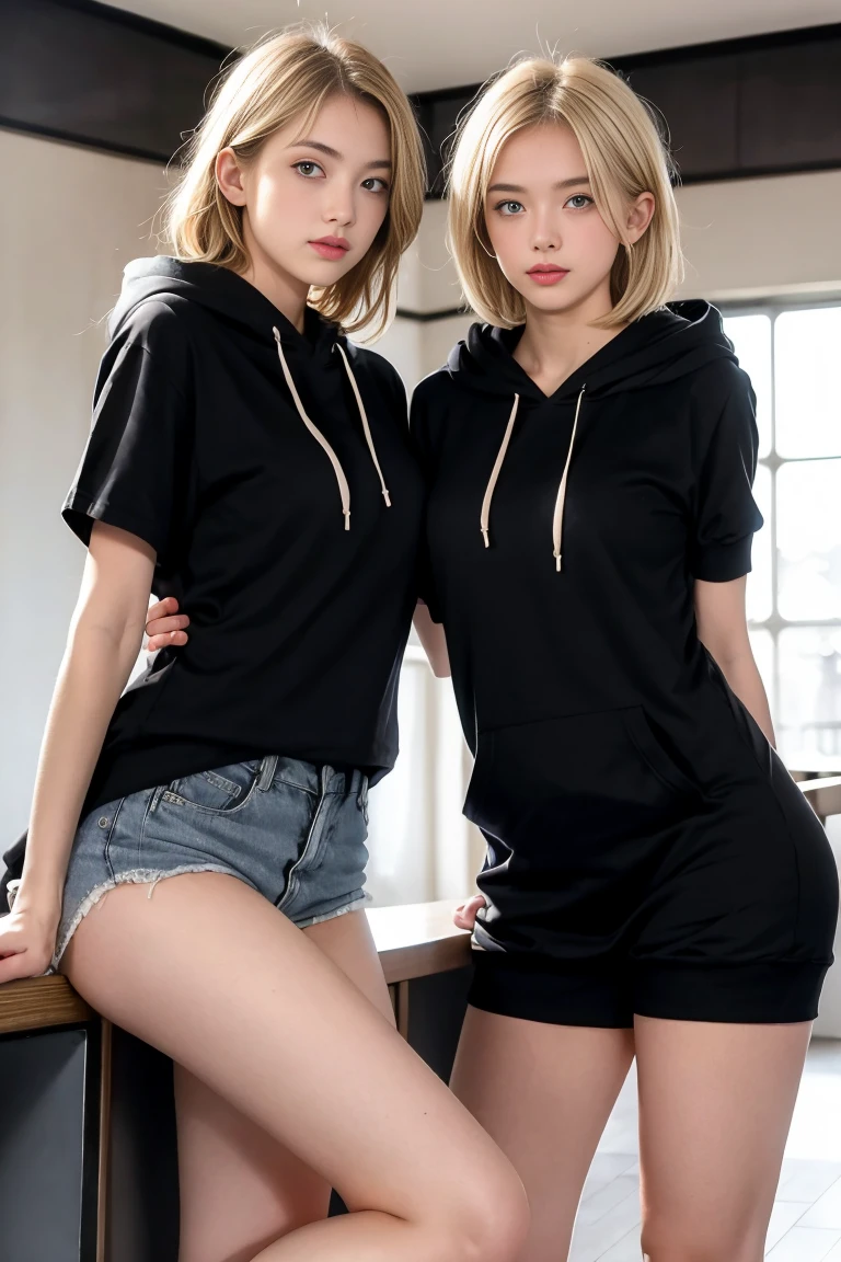 deux femmes blonde ensemble de 18 ans sexy et mince , black short sleeve hoodie , salle de classe, se touche,position sey,sensuel,visible legs,