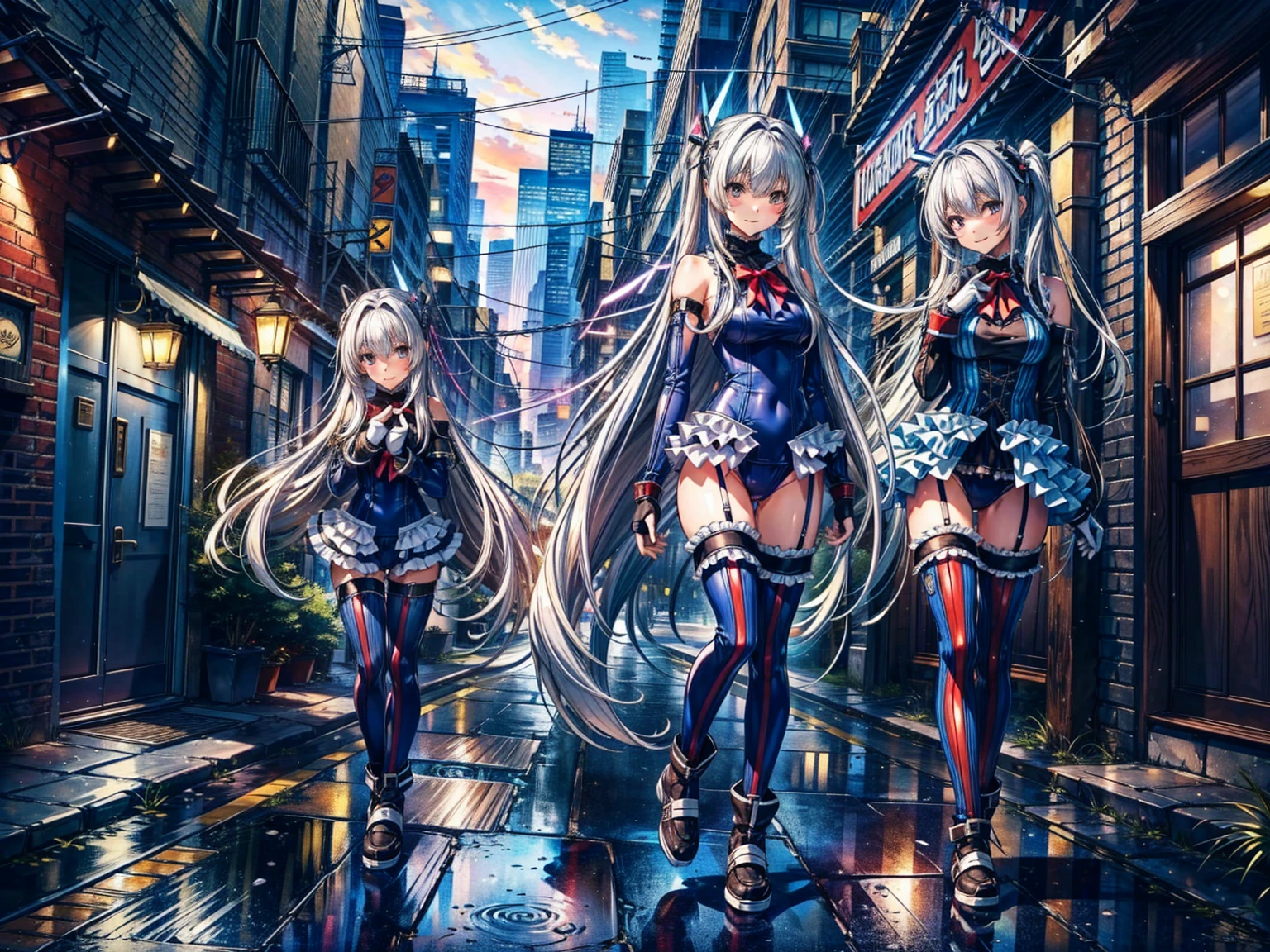 finest masterpiece, Super detailed, Highest quality, Sharp focus, 12k, ultra hi resolution picture, big ,12k,Perfect Anatomy, Highest quality, Marie Rose,Wicked Smile,Provocative attitude
,,evil Smile,Anime Style,(Frilled swimsuit, Knee socks, Removed sleeve), (Anime Style:1.4) ,
,(White fingers:1.1,Black gloves),
Hollow Eyes,,One Girl、(Cyberpunk townscape),,(Very long hair:1.6),(whole body:1.3),
Silver Hair,(head gearで顔を覆う:1.6),(3girls:1.4)