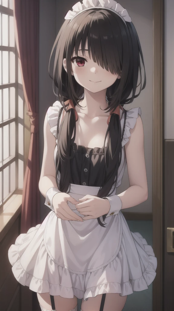 kurumitokisaki, tokisaki kurumi, black hair, low twintails, (hair over one eye:1.5), (red eyes:1.2), (small breast:1.2), BREAK blush, smile, thighhighs, bow, ribbon, cleavage, frills, apron, white thighhighs, wrist cuffs, maid, maid headdress, garter straps, BREAK looking at viewer, BREAK indoors, bed, bedroom, BREAK (masterpiece:1.2), best quality, high resolution, unity 8k wallpaper, (illustration:0.8), (beautiful detailed eyes:1.6), extremely detailed face, perfect lighting, extremely detailed CG, (perfect hands, perfect anatomy),