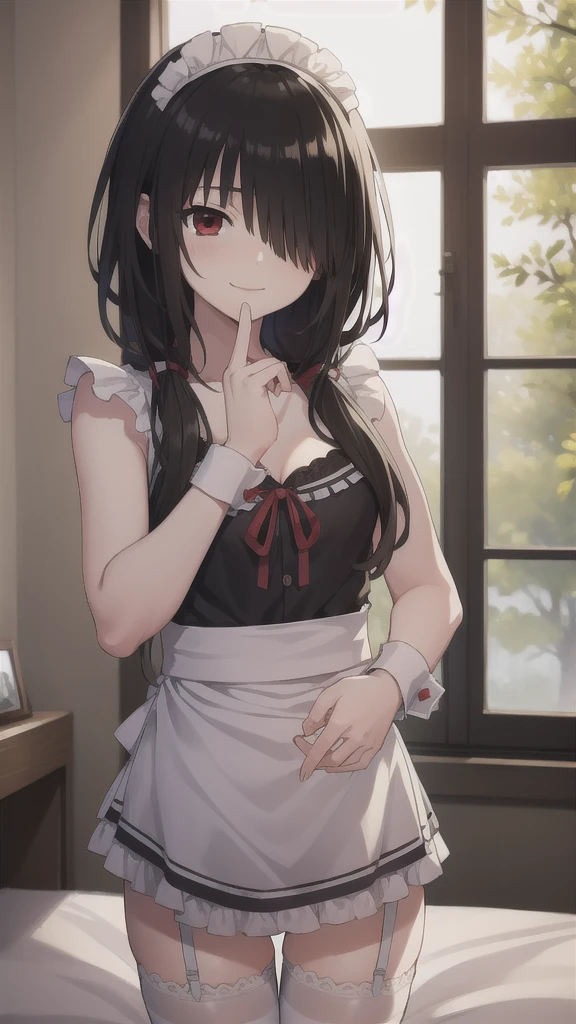 kurumitokisaki, tokisaki kurumi, black hair, low twintails, (hair over one eye:1.5), (red eyes:1.2), (small breast:1.2), BREAK blush, smile, thighhighs, bow, ribbon, cleavage, frills, apron, white thighhighs, wrist cuffs, maid, maid headdress, garter straps, BREAK looking at viewer, BREAK indoors, bed, bedroom, BREAK (masterpiece:1.2), best quality, high resolution, unity 8k wallpaper, (illustration:0.8), (beautiful detailed eyes:1.6), extremely detailed face, perfect lighting, extremely detailed CG, (perfect hands, perfect anatomy),