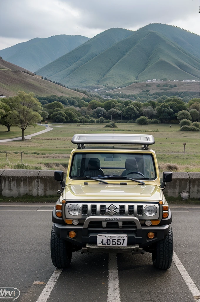 1990 suzuki jimny, pastel yellow, empty parking lot, OEM style, silver steel wheel, manga style