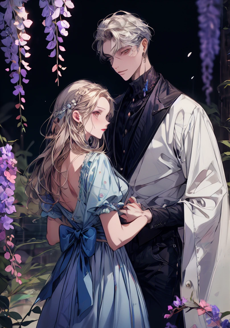 ((Absurd, taller than, Ultra HD)) 1 male, 1 female,mature,  Wearing blue jeans ,woman wearing beautiful pink dress, Wisteria flowers blooming all around, beautiful, landscape, romantic,((calm and romantic expression:1.2)) ,Pixiv, Digital Painting, Manly men, beautiful elegant woman, (Stylish grey hair for men), (Women&#39;s long brown hair)