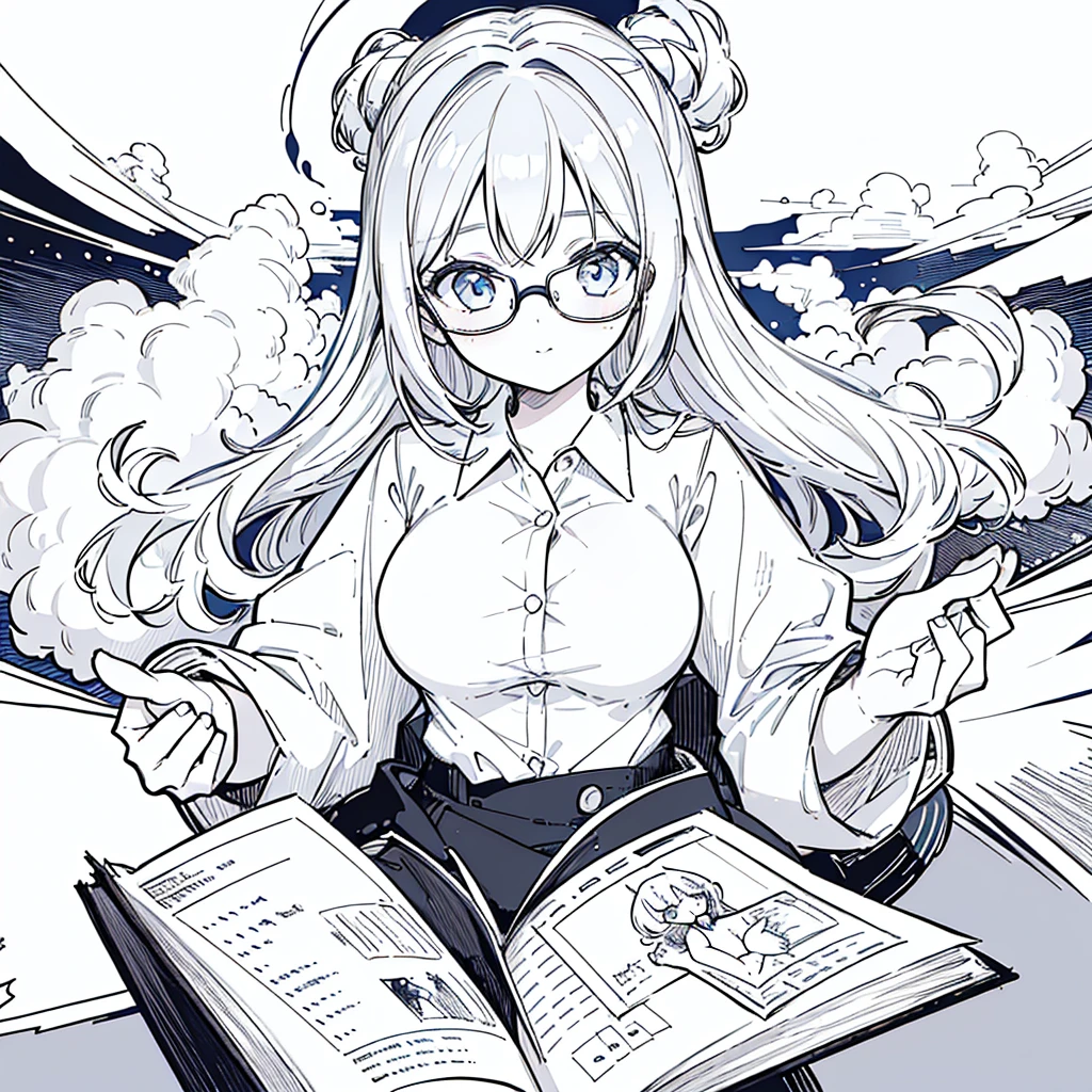 A girl,close up, wearing white shirt, reading a book, (best quality:1.3), (highres:1), (detailed:1.3), (incredible:1.3), (perfect:1.3), (perfection:1.3), (illustration:1.3), she's getting fun while reading it, dynamic on scene,Wear glasses,Big Breasts