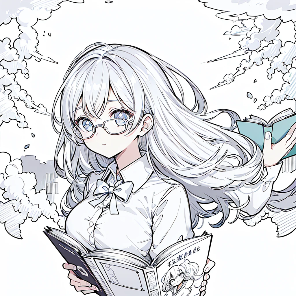 A girl,close up, wearing white shirt, reading a book, (best quality:1.3), (highres:1), (detailed:1.3), (incredible:1.3), (perfect:1.3), (perfection:1.3), (illustration:1.3), she's getting fun while reading it, dynamic on scene,Wear glasses,Big Breasts