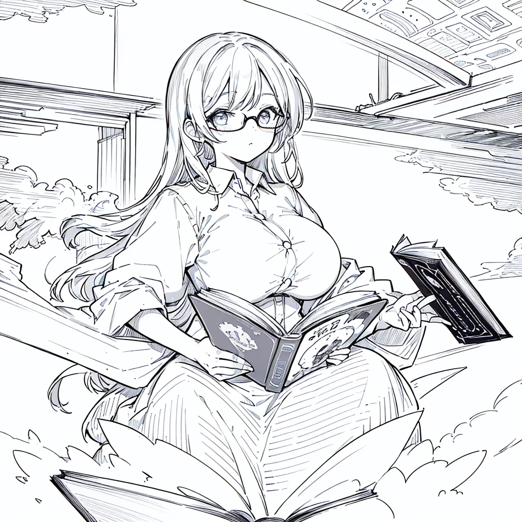 A girl,close up, wearing white shirt, reading a book, (best quality:1.3), (highres:1), (detailed:1.3), (incredible:1.3), (perfect:1.3), (perfection:1.3), (illustration:1.3), she's getting fun while reading it, dynamic on scene,Wear glasses,Big Breasts