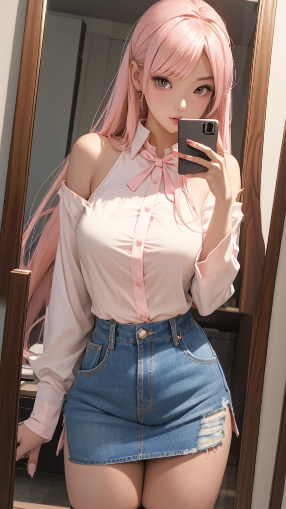 av idol. 25-years-old asian woman. slender with medium breast and curvasious. Long, light pink hair. She has brown eyes. wearing a red over the shoulder blouse and blue denim mini skirt with knee high socks and sneakers. Taking selfie in a mirror. sexy pose. upper body portrait.