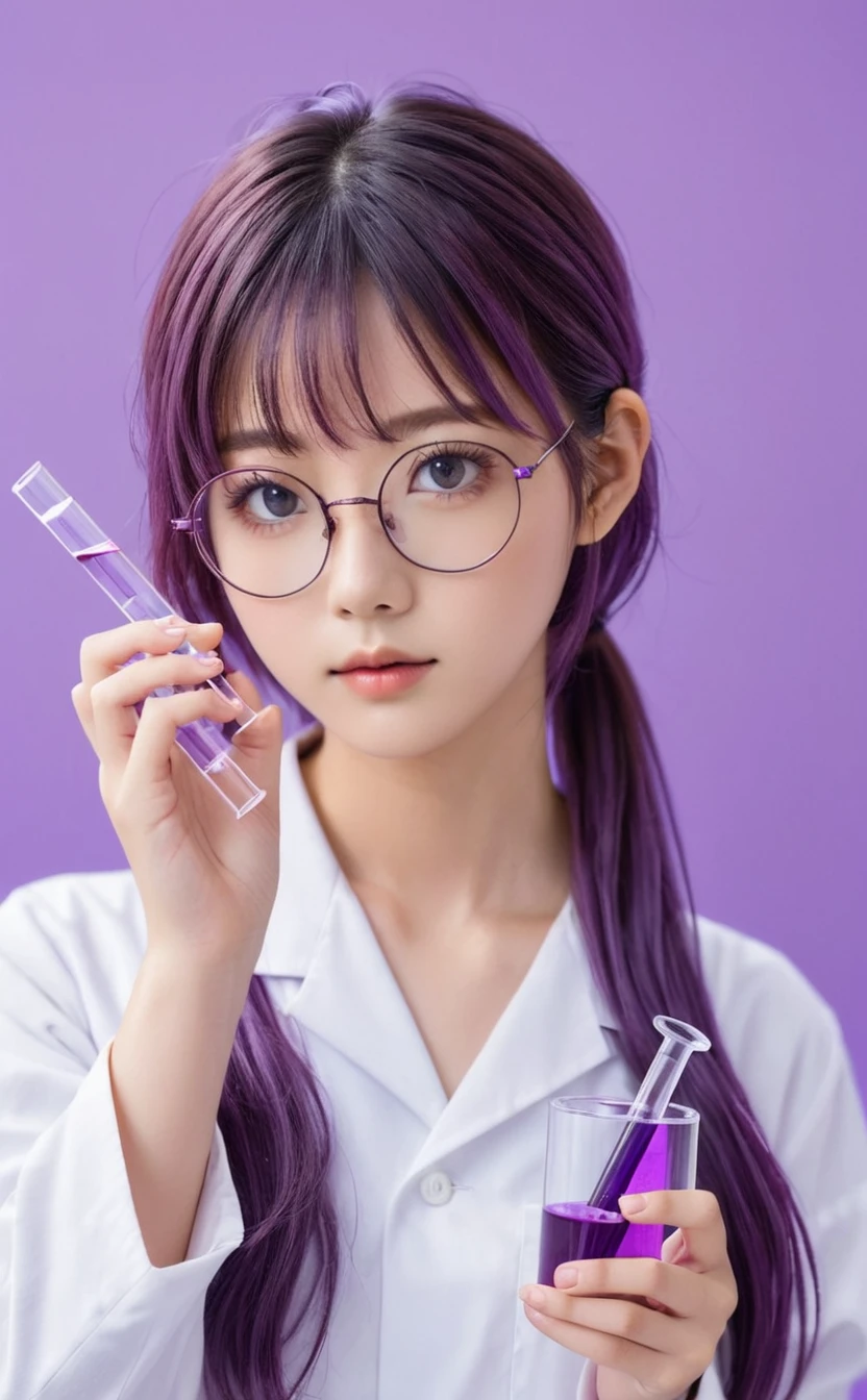 Realistic,Portrait of one girl of young Japanese idol,fake glasses,Upper Body,Purple Hair,indoor,holding a test tube,Looking at test tubes,Simple lavender background,Release your lips,Serious face,Loose wavy hair ponytail,She is wearing a doctor's coat over a purple blouse,Popular Korean makeup,photoRealistic