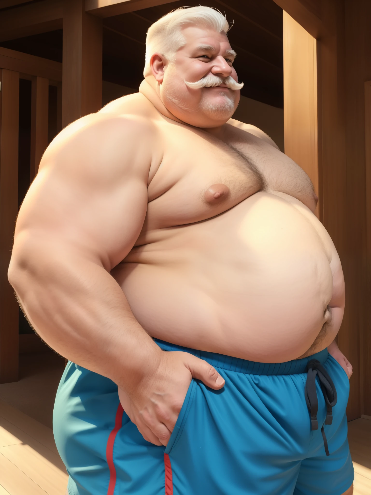 a smiling obese old man, chubby, big fat, detailed realistic portrait, 8k high resolution, topless, sumo physique, side view, perfect center, full view, realistic skin texture, wrinkled face, short hair, thick mustache, white hair, bearded, jovial expression, huge belly, fat, wearing shorts, high detail, masterpiece, (best quality,4k,8k,highres,masterpiece:1.2),ultra-detailed