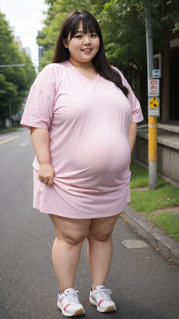 realistic depiction、super obeseのjapanese woman、super obese、Weight 300kg、very fat woman、japanese woman、laughter、Tight Skirt、outdoor、a bit、little woman、His height is only 145cm、short legs、go pro Japanese ssbbw, non nude, full shot, very beautiful face, super obese, full body, sweat parker, sneaker,, super obese japanese, gigantic 、super big belly