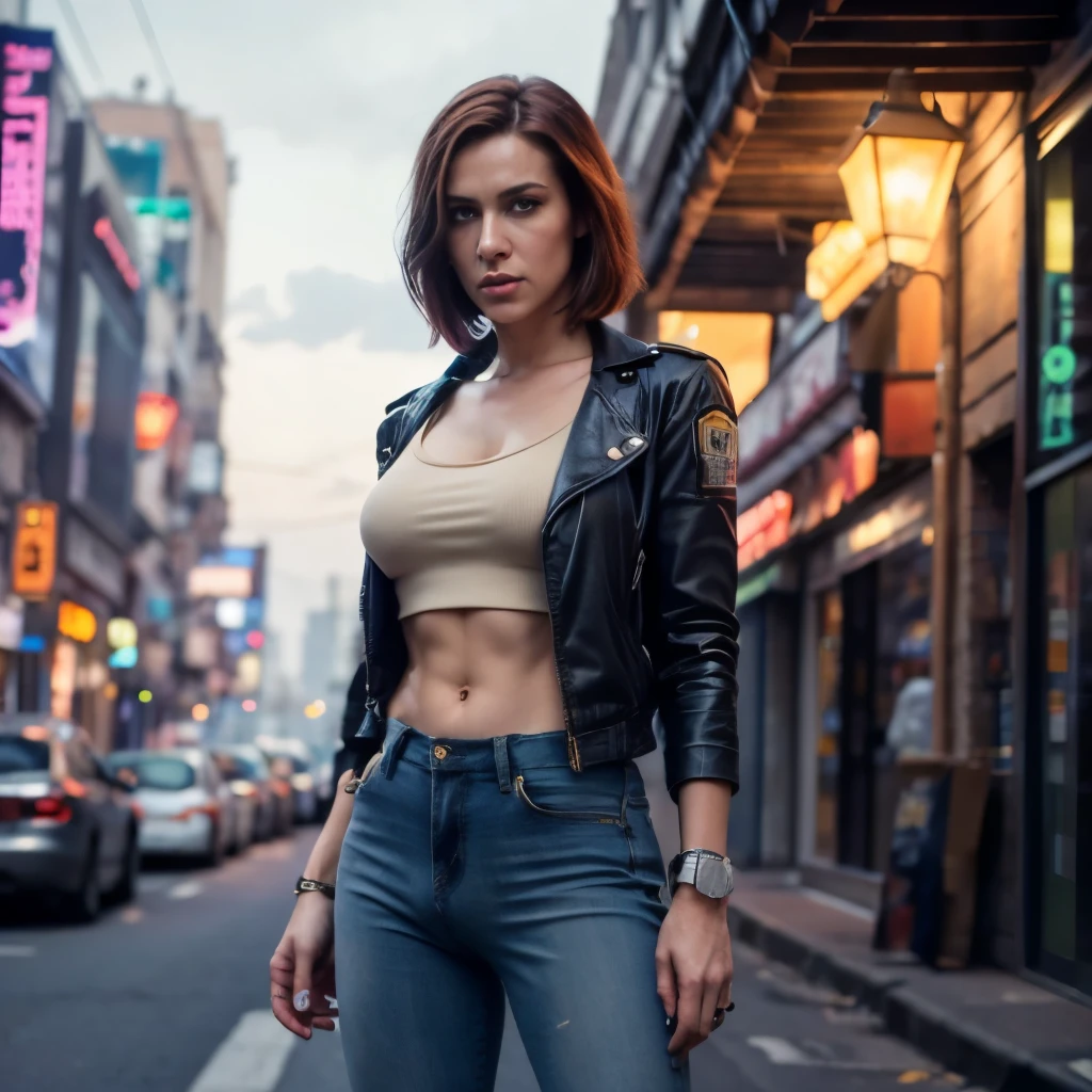 Same woman with pants bulge, full high 8k resolution, fix eyes, perfect eyes, (masterpiece), (best quality), perfect lighting, sharp focus, 1girl, one woman, solo, best quality, award-winning photo, attractive, dynamic action scene, intimidating pose standing next to car, cyberpunk bounty hunter merc, transgender with pants penis bulge, transwoman with pants bulge, gorgeous translady, joan jett, shoulder length auburn hair, she is wearing a half zipped jacket tank top and tight blue jeans with penis bulge, (lower half male with bigger mans pants bulge, penis bulge), muscular build, small breasts, smaller breasts, beautiful, highly detailed face, no glasses, high detail eyes, perfect eyes, perfect face, village, outdoors in Cyberpunk city, poor air quality, hazy background buildings, clear foreground, cyberpunk 2077, abs, toned, cyberpunk bounty hunter, large bore revolver in hip holster, cybernetic robotic left arm, allow male pants bulge on woman, full body view, male pants bulge visible, Bulge, covered penis,