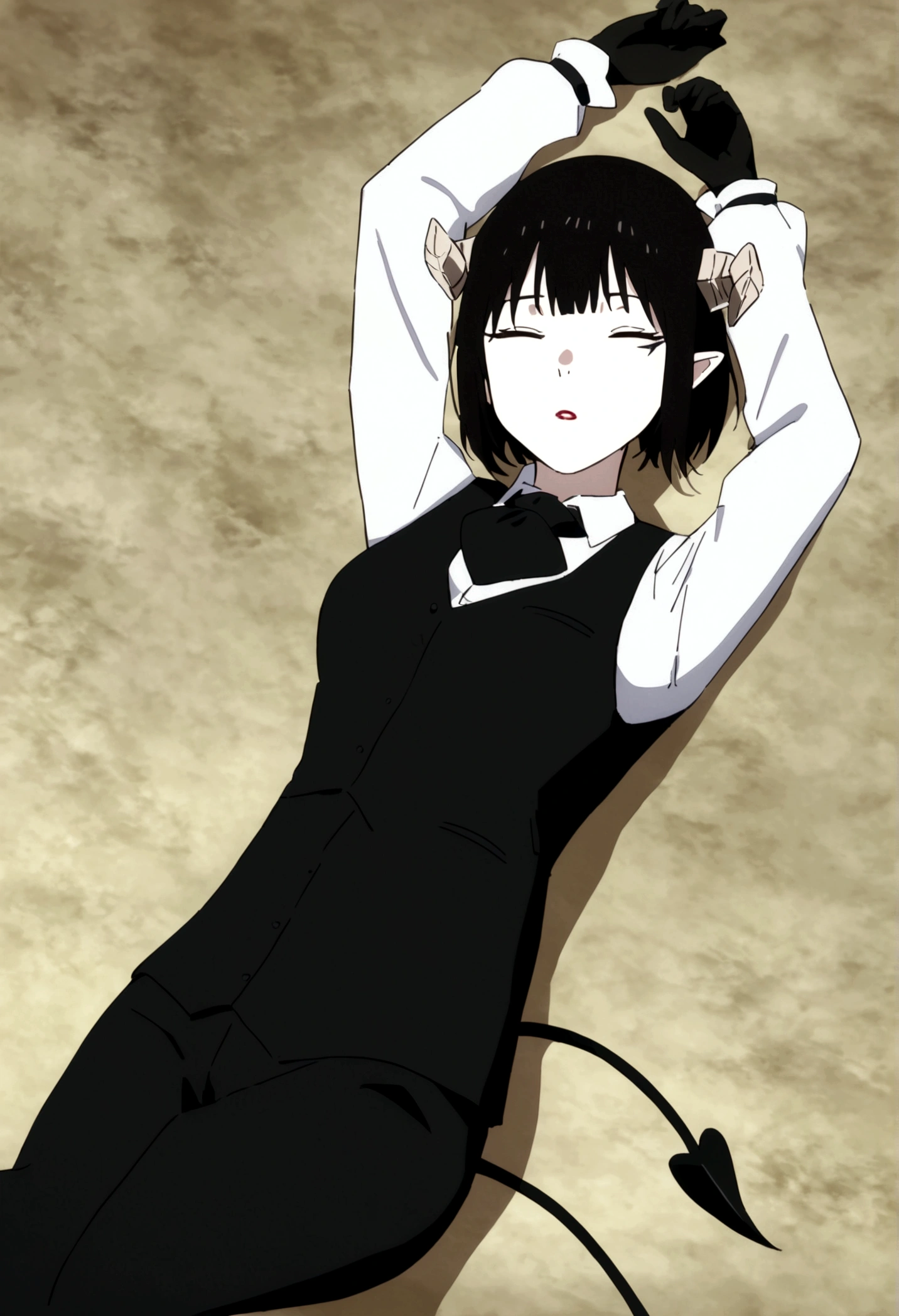 work of art, best qualityer, high resolution, 1girl horns short hair demon tail, white shirt black ascot black gloves black pants black vest lying on your back, sheet, arms up