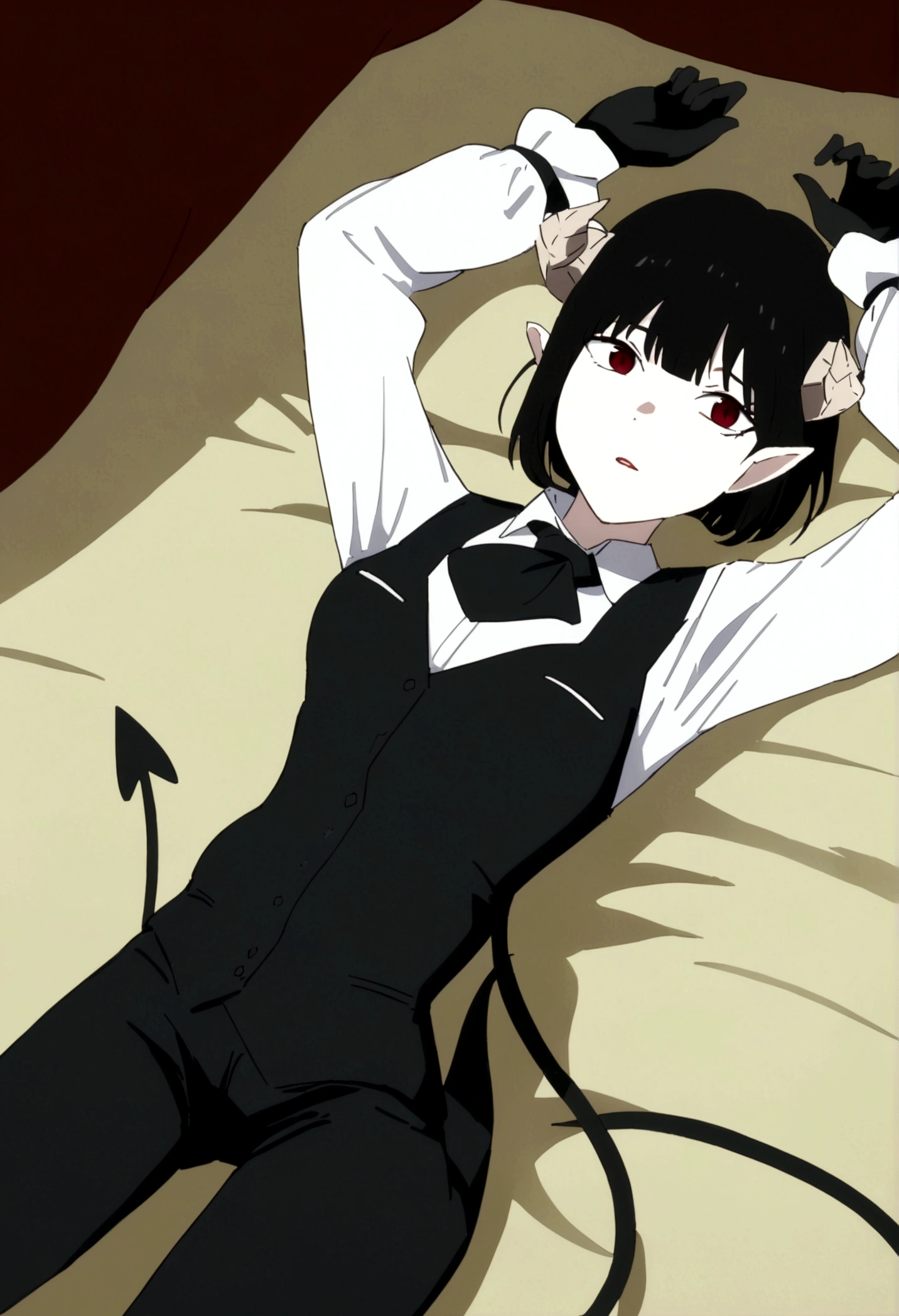 work of art, best qualityer, high resolution, 1girl horns short hair demon tail, white shirt black ascot black gloves black pants black vest lying on your back, sheet, arms up