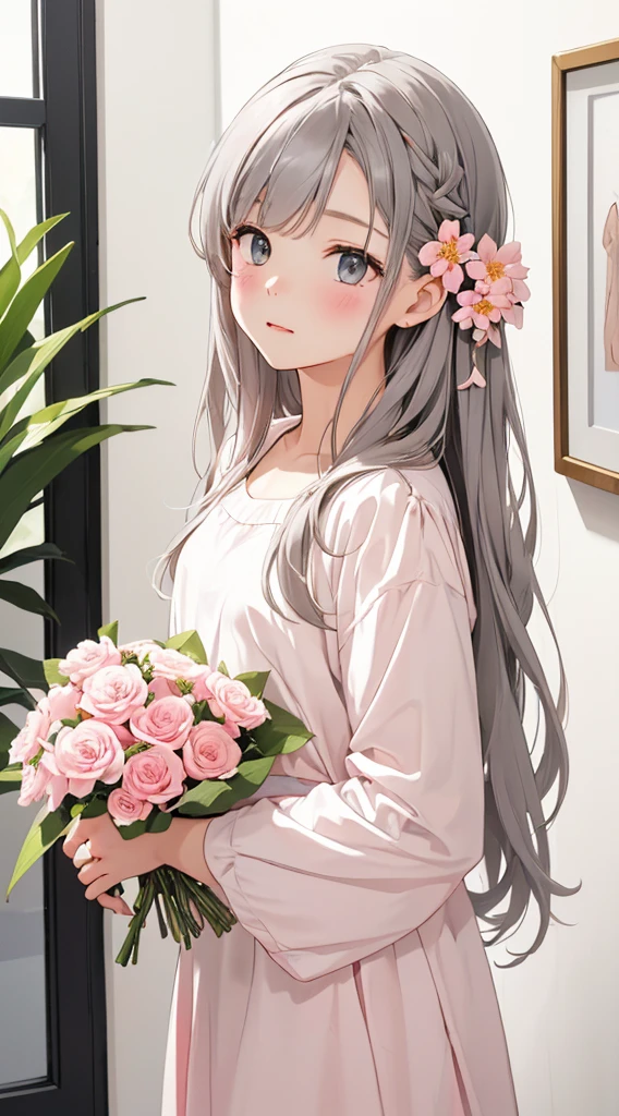 A white wall with a picture of flowers、A wall decorated with artistically painted pink flowers、One Girl、Adorable girl、Cute face、Gray Hayne's Eyes、silence、Zazen、Small breasts、Intricately decorated costumes、Highest quality、Best image quality、masterpiece:1.3、Portraiture、8K、Perfect lighting、Professional Photographer、Off the shoulder、The chest was wide open.、Ultra Mini Skirt、Cleavage、Thighs、