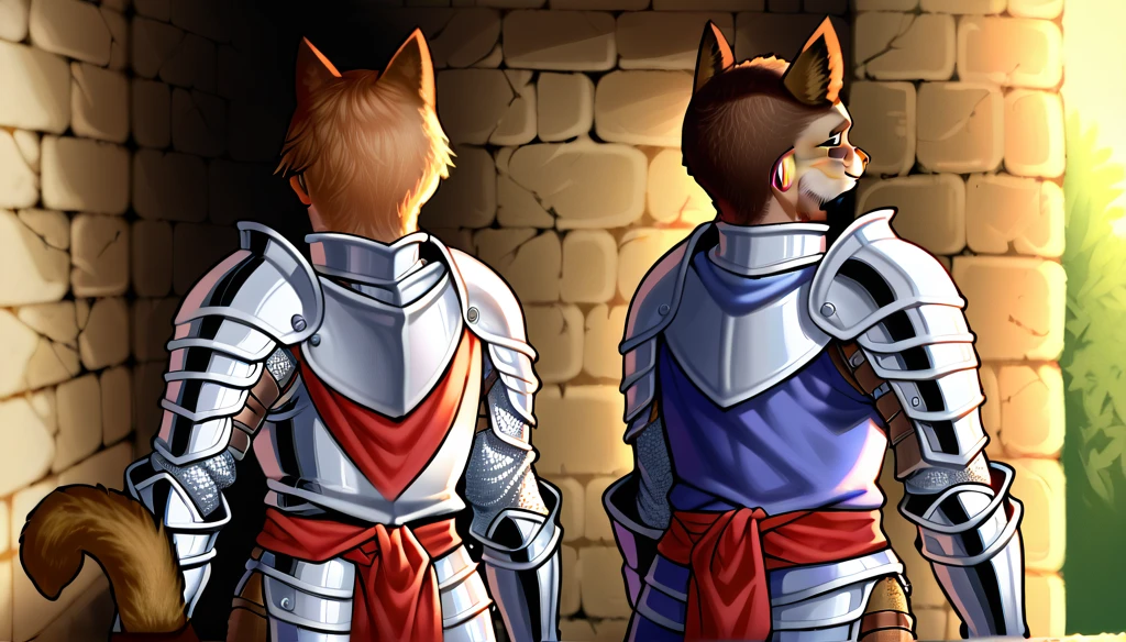 score_9_up, 2others, backtoback,back to back, back_to_back,
((catgirl:1.2), anthro, female, (standing, portrait, focus), ((brown fur, ears, tail)), (wizard cloth, wearing medieval clothes), beautiful), AND,
((human:1.2), male, (standing, portrait, focus), ( knight armor, wearing medieval clothes), beautiful)