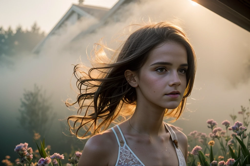 hazy attic, godrays, freckles, emma watson, style of david hamilton, summer, humid, backlighting, golden hour, breathtaking, in dusty attic, thong, hazy foggy etheral morning, detailed face, detailed symmetric circular iris, realistic, stunning realistic photograph, octane render, intricately detailed, cinematic, disheveled skimpy fabric, sultry, bare, exposed, boxershorts, detailed face, foggy, sweaty, godrays, haze, atmospheric, photojournalism, busy background, volumetric lighting, neo-expressionism, art photography, gorgeous mood, hazy morning, surrounded by flowers and petals, sunrays on skin, sweaty, long hair, ultrarealistic