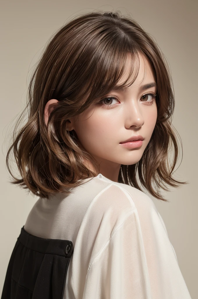 (masterpiece:1.3), (8K, Realistic, RAW Photos, Highest quality: 1.4), (One Girl), Beautiful Face, (Realistic Face), (Brown Hair, Short hair with loose waves:1.3), Beautiful Hairstyles, Realistic eyes, Beautiful details, (Realistic Skin,Landscape,Look away,Looking Up,Brush your hair up), Beautiful Skin, (Nice shirt,Big size,Black pants,Long sleeve), Absurd, charm, Ultra-high resolution, Ultra-realistic, Very detailed, Golden Ratio,White wall,
