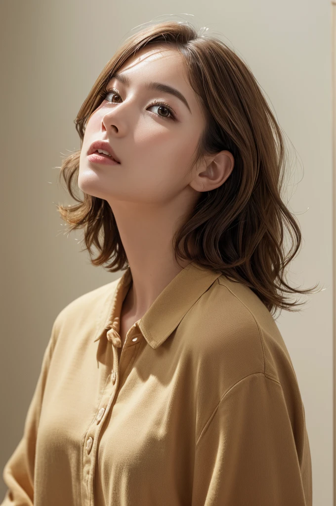 (masterpiece:1.3), (8K, Realistic, RAW Photos, Highest quality: 1.4), (One Girl), Beautiful Face, (Realistic Face), (Brown Hair, Short hair with loose waves:1.3), Beautiful Hairstyles, Realistic eyes, Beautiful details, (Realistic Skin,Landscape,Look away,Looking Up,Brush your hair up), Beautiful Skin, (Nice shirt,Big size,Black pants,Long sleeve), Absurd, charm, Ultra-high resolution, Ultra-realistic, Very detailed, Golden Ratio,White wall,