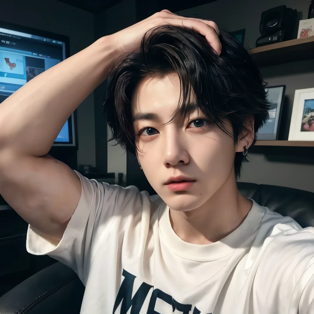 there is a young man sitting in a gamer studio, Jungkook face, korean muscle, attractive korean face, jeon jungkook, south korean male, young cute wan asian face, handsome chad chin, jungkook, handsome japanese, male ulzzang, angry face, mogging, take the hand of his head