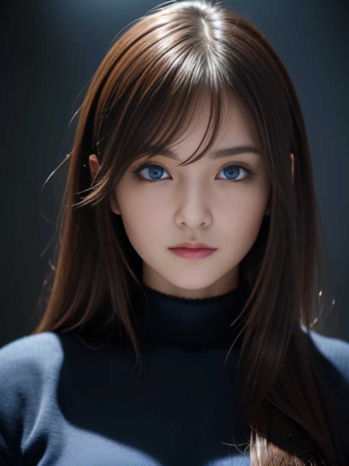 masterpiece, best quality, ultra-detailed, intricately detailed hyperdetailed, realistic, sharp features, highly detailed, sharp focus, (Japanese idol), 19 years old, perfect face, perfect and delicate Blue eyes, perfect full lips, flexible female form, cinematic, hyper detailed, hyper realistic, high resolution, gloomy shadow, brown hair, messy hair, Black sweater, portrait, head shot, blue and purple cinematic lighting, (Dark room:1.3), (rim light:1.3), (Dimly light:1.3), (Dark night:1.3), Indoors, (dark fantasy), ((deep Blue hour)),
