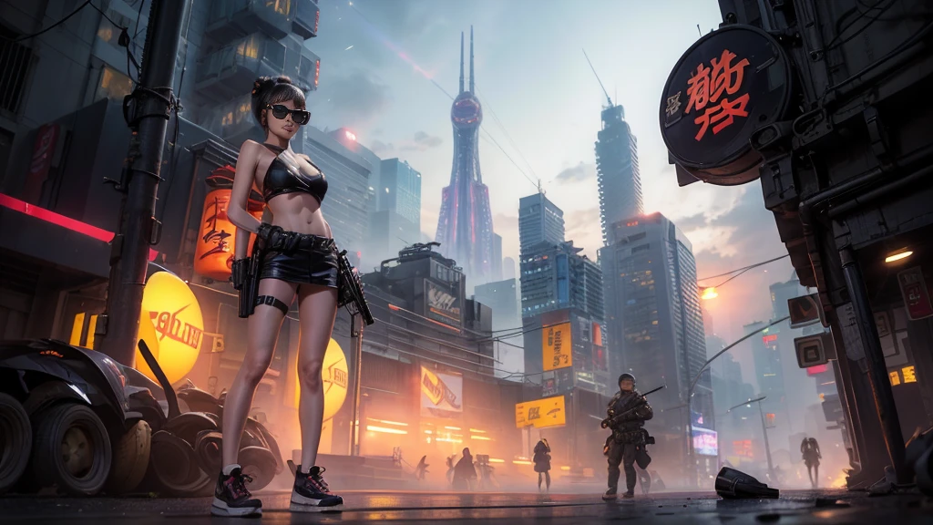 8k, Realistic Skin Texture, Realistic Photo, Neo Tokyo, slim Japanese women, large-breast:1.3 cleavage:1.2, AD2050 at night, Dirty hunting jacket, Wearing tube top, miniskirt, (((black sunglasses, automatic rifle, sneakers, cold, shooting pose, low angle view))), Innovative composition, revenge, cyberpunk, blade runner worldview, Large neon sign, Geisha hologram sign, Strong Wakamoto Sign.