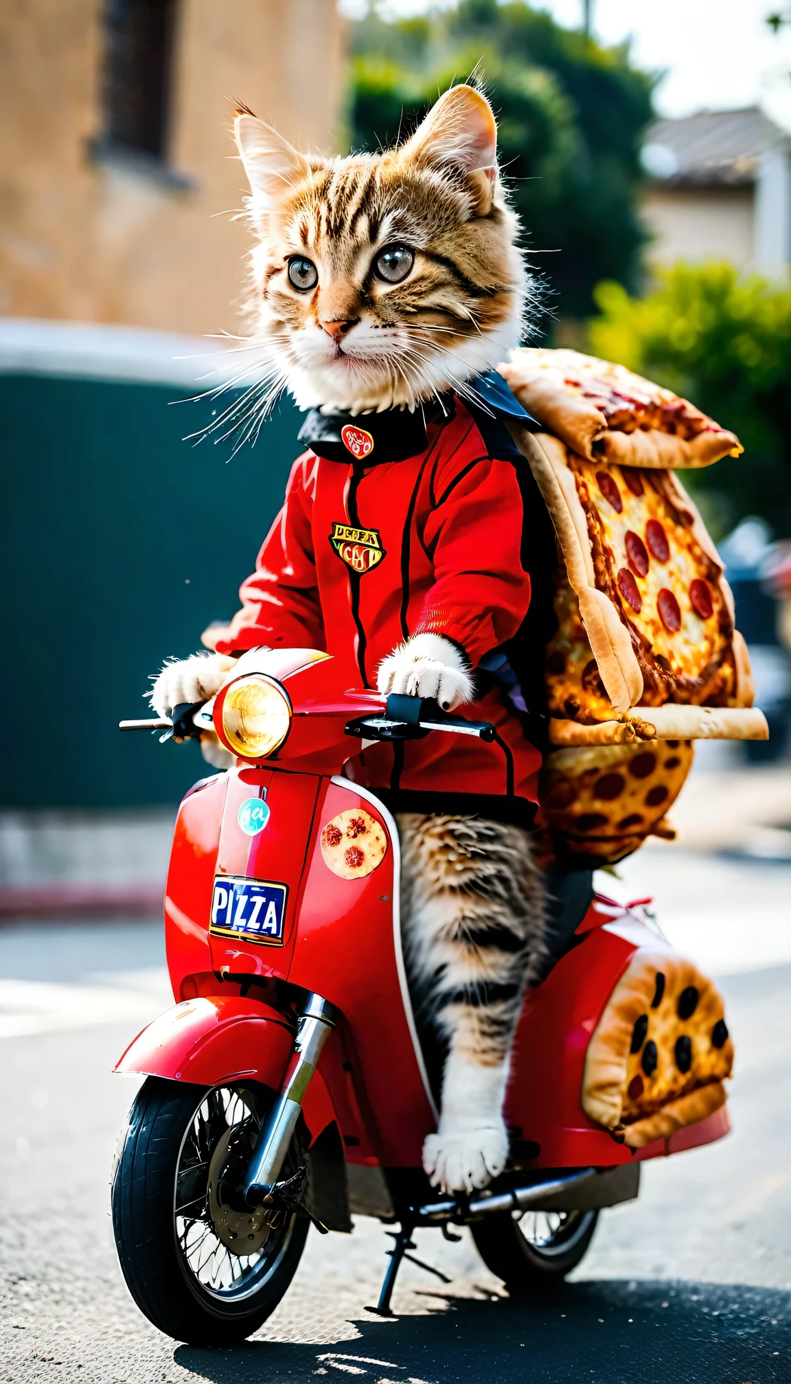 A cat wearing a PIZZA-LA uniform delivers pizza on a covered three-wheeled bike.