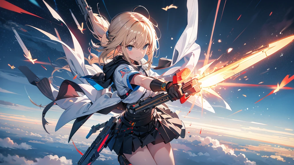 A weaponized winged girl flies through the sky、Holding a railgun