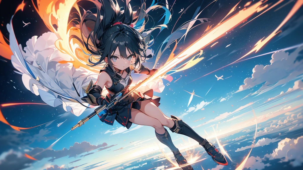 A weaponized winged girl flies through the sky、Holding a railgun