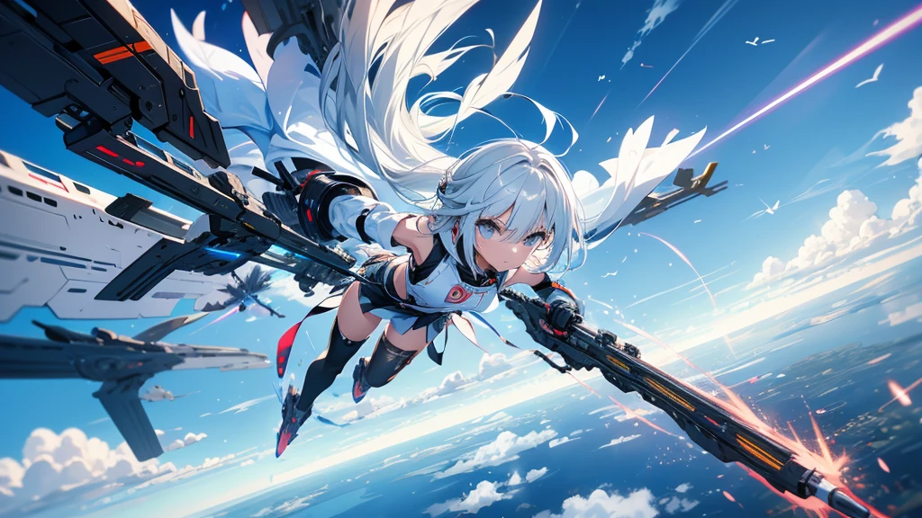 A weaponized winged girl flies through the sky、Holding a railgun