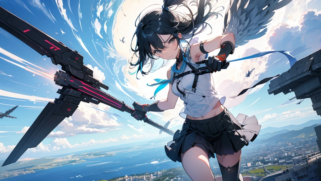 A weaponized winged girl flies through the sky、Holding a railgun