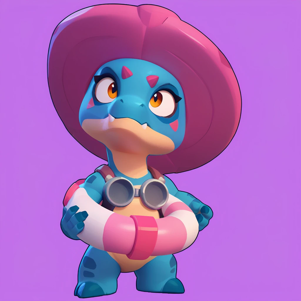 full view of a dinosaur, female, dark blue skin, friendly dinosaur, having a pink and white buoy, dinosaur animal, brawl, brawl stars